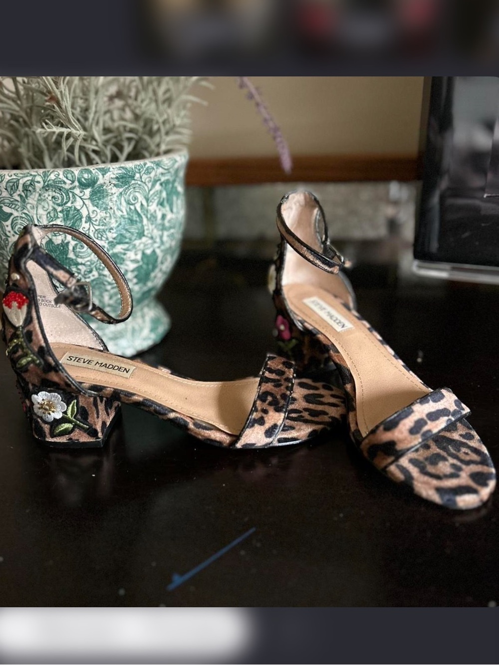 Steve Madden Leopard Print Floral Embroidered Block Heel Sandals - Brown/Black